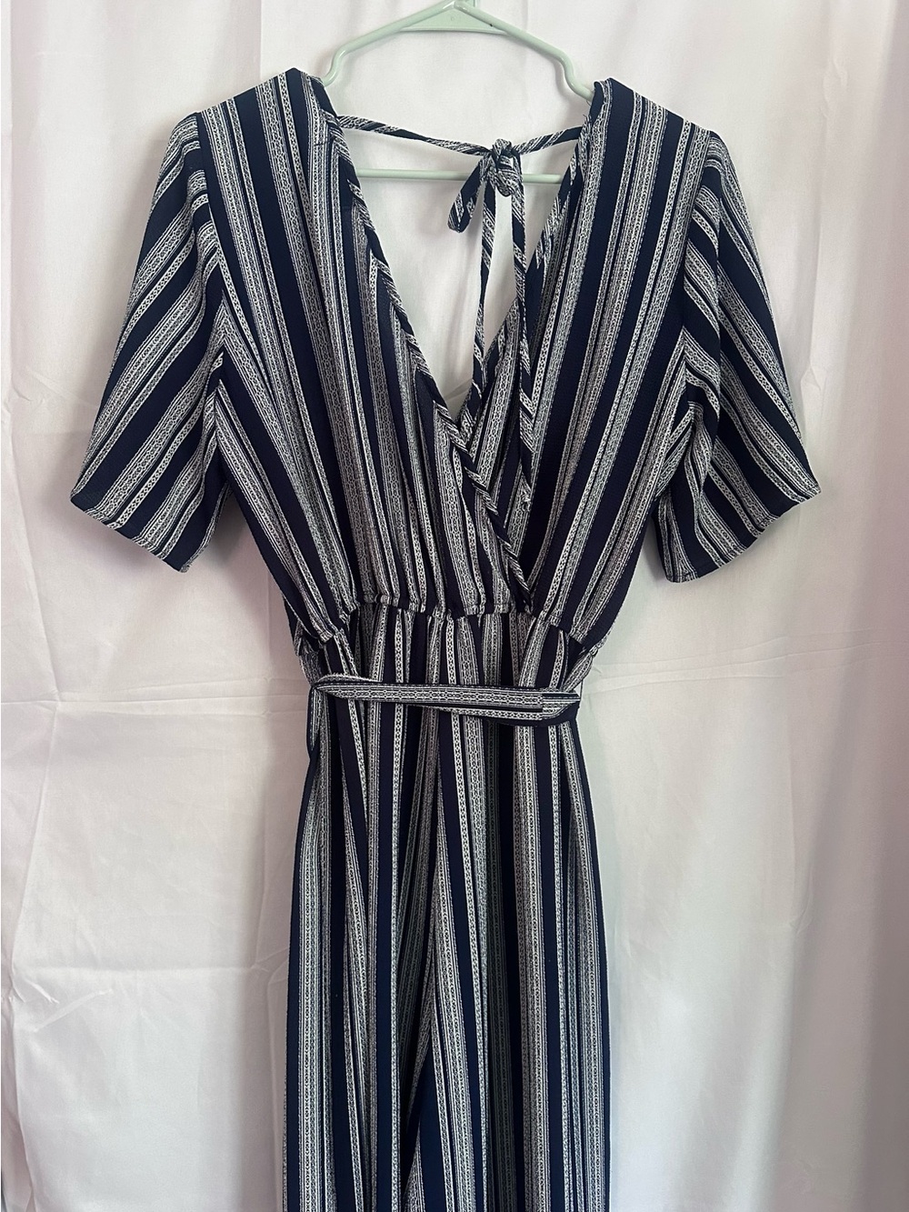 Trixxi Navy & White Striped Wrap-Front Jumpsuit with Tie Waist - Picture 4 of 7